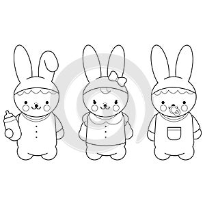 Cute bunny babies. Cartoon rabbit baby girl and boy with milk bottle. Vector black and white coloring page.