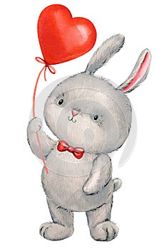 Cute bunny with balloon heart playing rabbit watercolor illustration isolated white background. Watercolor Valentins day
