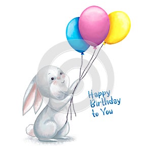 Cute bunny with balloons. Birthday card
