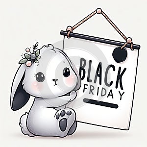 Cute bunny with banner that says Black Friday, concept seasonal discounts