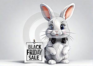 Cute bunny with banner that says Black Friday, concept seasonal discounts