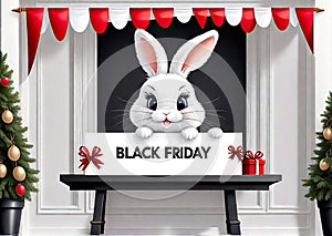 Cute bunny with banner that says Black Friday, concept seasonal discounts