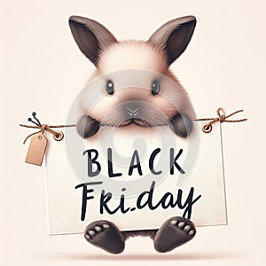 Cute bunny with banner that says Black Friday, concept seasonal discounts