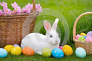 cute bunny and basket with Easter eggs on green grass