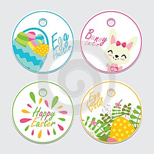 Cute bunny, a basket of egg and flower cartoon illustration for Easter cupcake topper set design