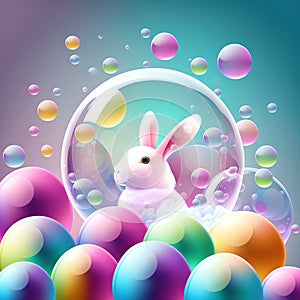 A cute bunny in a bubble near other coloured bubbles and with vividly multicoloured eggs in the foreground. Easter concept.