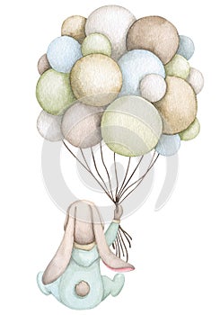 Cute bunny with a bunch of air balloons. Children\'s illustration. Hand drawn watercolor. Baby shower, birthday