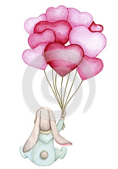 Cute bunny with a bunch of heart-shaped balloons. Hand drawn watercolor. Baby shower, Mother's day,