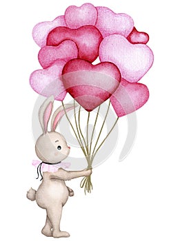 Cute bunny with a bunch of heart-shaped balloons. Hand drawn watercolor. Baby shower, Mother's day