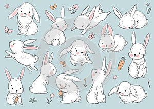 Cute Bunny and Carrot collection. Hand drawn vector illustration