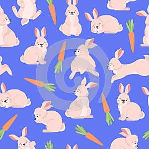 Cute bunny with carrot, Easter seamless pattern, cartoon flat vector illustration on blue background.