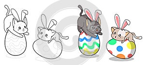 Cute bunny cats on a egg for easter day cartoon coloring page for kids