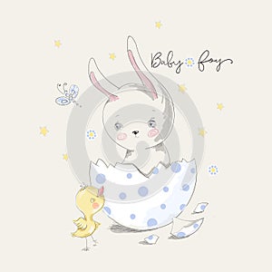 Cute bunny and chick with baby boy slogan.