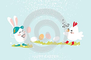 Cute Bunny.Chick singing. Egg dancing. Happy Easter