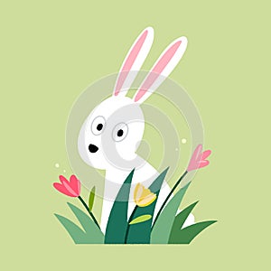 A cute bunny with a clump of grass and flowers, cartoon vector illustration