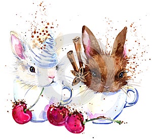 Cute bunny and coffee T-shirt graphics. bunny illustration with splash watercolor textured background.