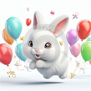 Cute Bunny with Colorful Balloons White Background Clipart illustration Design 1
