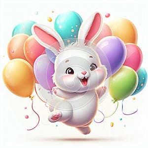 Cute Bunny with Colorful Balloons White Background Clipart illustration Design 4