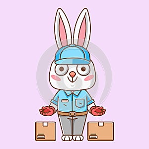 Cute bunny courier package delivery animal chibi character mascot icon flat line art style illustration concept cartoon