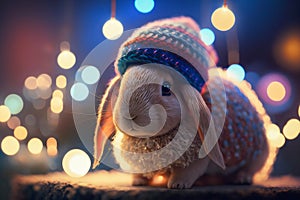 Cute bunny in a crochet hat. Nice light, lamps. Night mood lighting.