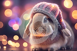 Cute bunny in a crochet hat. Nice light, lamps. Night mood lighting.