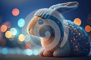 Cute bunny in a crochet hat. Nice light, lamps. Night mood lighting.