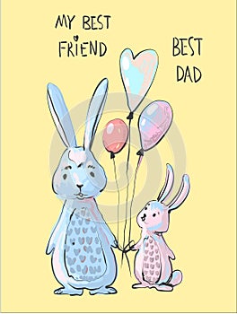 Cute bunny dad and little bunny son illustration, father day or frendship day cartoon style print, funny rabbits holding