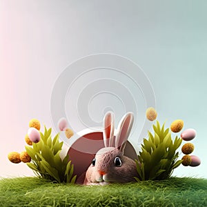 cute bunny and decorative eggs on green grass and flowers for easter celebration background card with copy space