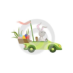 Cute bunny driving green vintage car with Easter eggs basket, funny rabbit character, Happy Easter concept cartoon