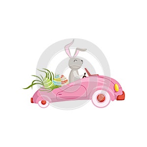 Cute bunny driving pink vintage car decorated with Easter eggs, funny rabbit character, Happy Easter concept cartoon