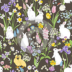 Cute bunny and Duckling in Spring Bloomy