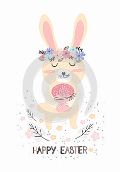 Cute Bunny with an Easter cake. Greeting card or banner in Scandinavian hand drawn style. Funny little cartoon rabbit. Happy