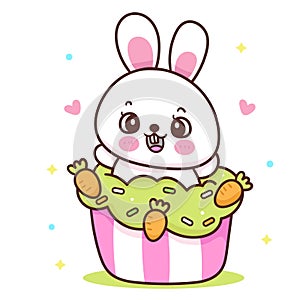 Cute bunny easter in carrot cake. Series: Kawaii animals rabbit egg hunting (Character cartoon).