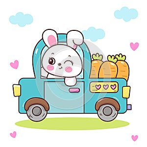 Cute bunny easter delivery carrot by car. Series: Kawaii animals rabbit egg hunting (Character cartoon).