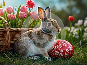 cute bunny with easter egg and flowers in springtime nature landscape