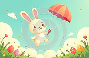 Cute bunny with easter egg flying with a parapente