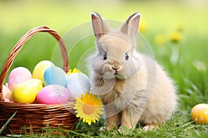 Cute bunny with easter eggs in basket on green grass field for spring celebration