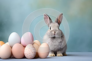 Cute bunny with easter eggs on blue background with copy space