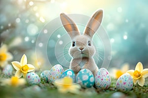 Cute Bunny. Easter Eggs Celebration, Spring Flowers. Festive Decorations, Holiday Cheer