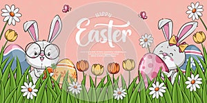 Cute Bunny Easter And Eggs Hidden In The Grass. Happy Easter Banner, Cartoon Illustration