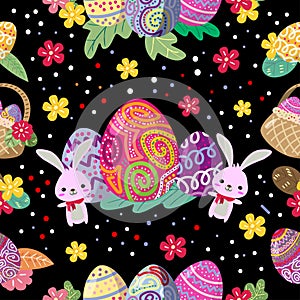 Cute Bunny and easter eggs seamless pattern with colorful flower on cools background for easter festival