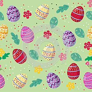 Cute Bunny and easter eggs seamless pattern with colorful flower on cools background for easter festival