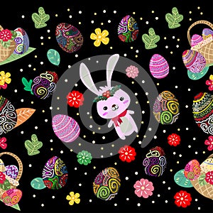 Cute Bunny and easter eggs seamless pattern with colorful flower on cools background for easter festival