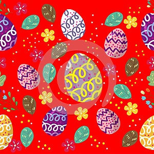 Cute Bunny and easter eggs seamless pattern with colorful flower on cools background for easter festival