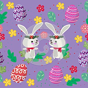 Cute Bunny and easter eggs seamless pattern with colorful flower on cools background for easter festival