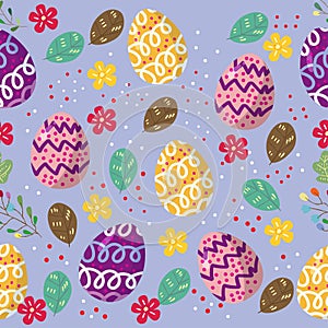 Cute Bunny and easter eggs seamless pattern with colorful flower on cools background for easter festival