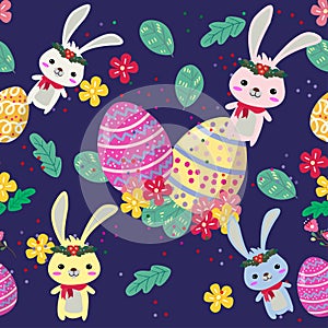 Cute Bunny and easter eggs seamless pattern with colorful flower on cools background for easter festival