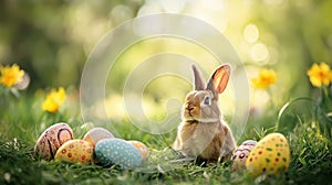 Cute bunny with Easter eggs in spring meadow