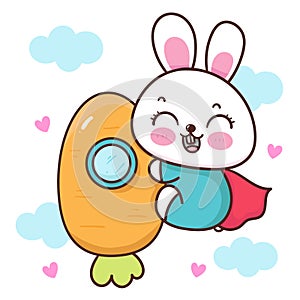 Cute bunny easter hug carrot rocket. Series: Kawaii animals rabbit egg hunting (Character cartoon).