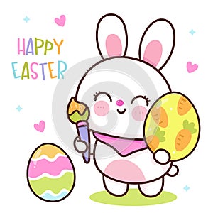 Cute bunny easter painting eggs. Series: Kawaii animals rabbit egg hunting (Character cartoon).